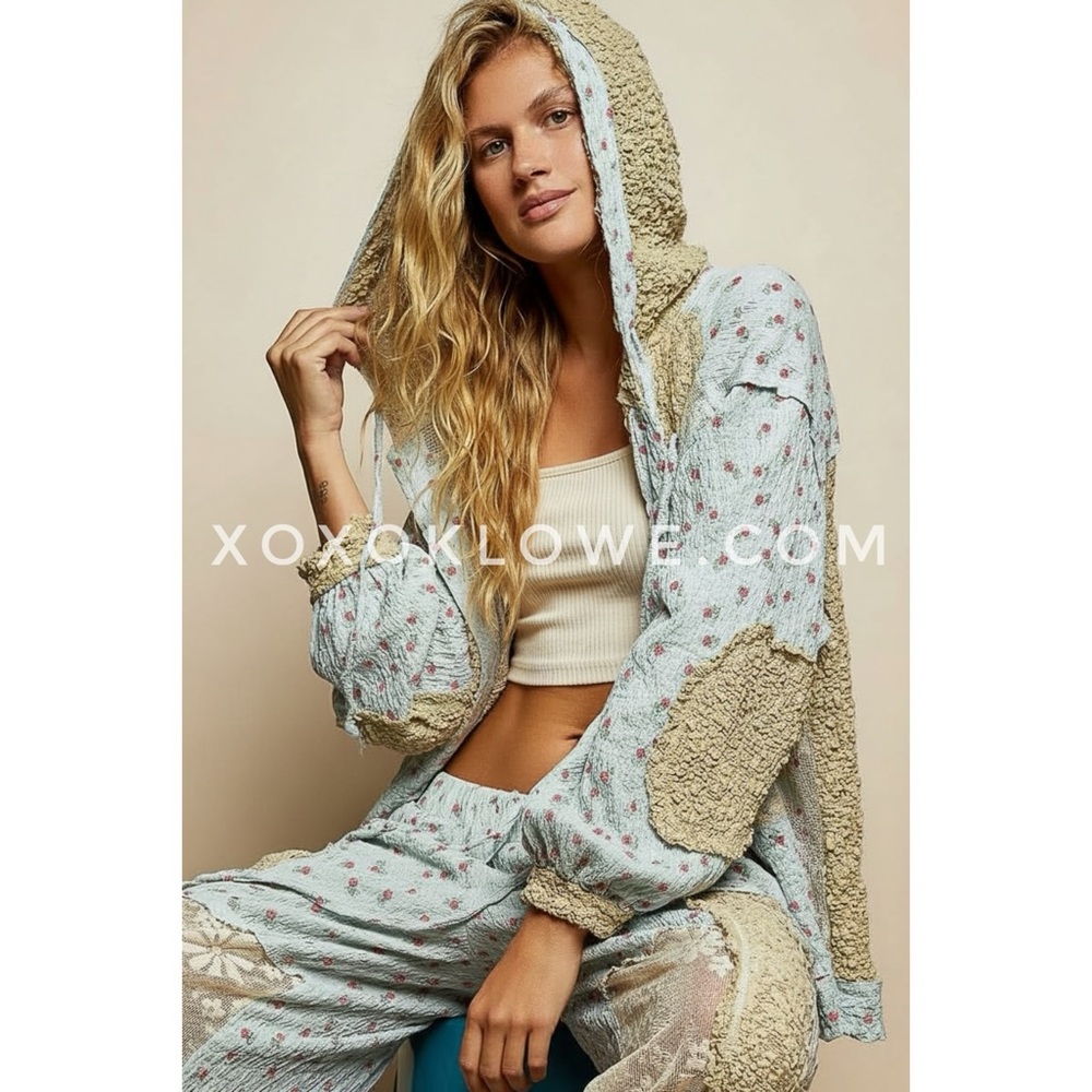 POL Blue Patchwork Floral Lace Hoodie Jacket | Zip Up